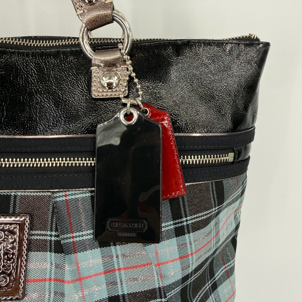 Coach Poppy Tartan Plaid Glam Tote Bag Metallic Patent Leather Limited Edition - Picture 13 of 16